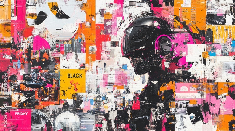 Abstract representation of a figure in a helmet and headphones Abstract representation of a figure in a helmet and headphones