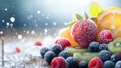 Wallpaper Mural A vibrant assortment of frozen fruits including strawberries, raspberries, blueberries, kiwi, and orange, glistening with droplets of water. Torontodigital.ca