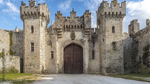 imposing medieval castle gate with towering stone walls, fortified towers, and a heavy wooden door, creating a sense of strength and historical grandeur