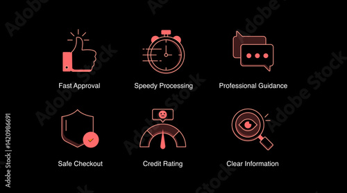 User-Centered Financial Services. Fast Approval, Speedy Processing, Credit Rating, Clear Information, Professional Guidance, Safe Checkout, Help and Support