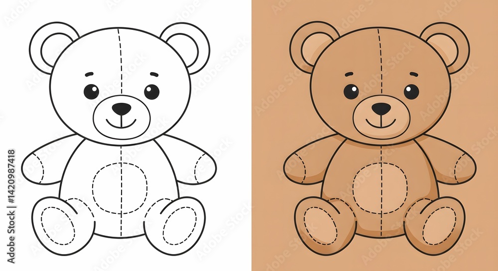 Obraz premium Teddy Bear Illustration Coloring Page and Finished Version for Kids