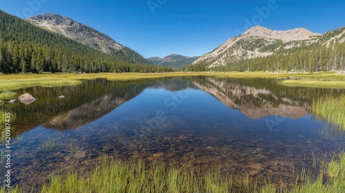 Mountain lake reflection, summer, clear sky, serene nature, travel poster