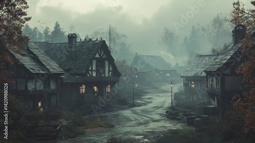 Mysterious medieval village shrouded in mist and dense fog creates a quiet atmosphere