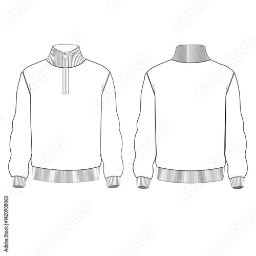 Roll Neck Sweatshirt fashion flat technical drawing template, front zipper, relaxed fit, front and back view, white, women, men, unisex CAD mockup.