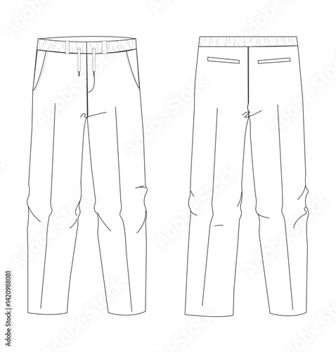 Men's formal trouser pants front and back view flat sketch fashion illustration, Vector technical sketch