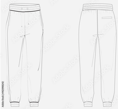 Rib cuff jogger track pant flat sketch vector illustration rib waist drawstring sweat pant front and back view template. 