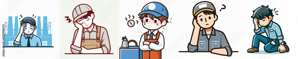 Set Vector of a tired factory worker, simple minimalist and flatdesign white background Set Vector of a tired factory worker, simple minimalist and flatdesign white background