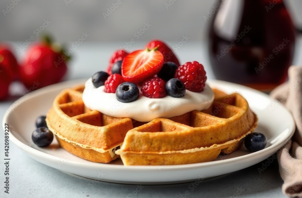 Delicious waffles with berry toppings and cream on a white plate Delicious waffles with berry toppings and cream on a white plate