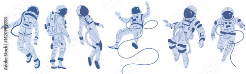 Detailed Set of Floating Astronauts in Space - Minimalist Artwork Showcasing Space Exploration, Adventure, and the Wonders of the Universe