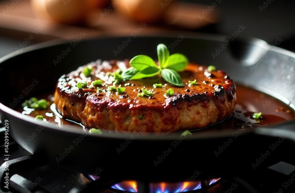 Grilled burger patty with herbed garnish in sizzling skillet on stove Grilled burger patty with herbed garnish in sizzling skillet on stove
