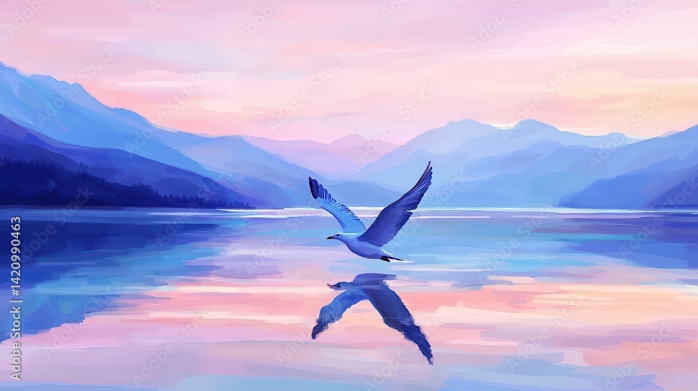 Fototapeta premium Tranquil Flight A bluehued bird soars above serene waters mirroring a mountain vista