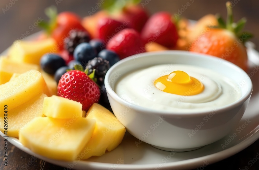 Fototapeta premium Fresh fruit and yogurt breakfast with honey and berries on a plate