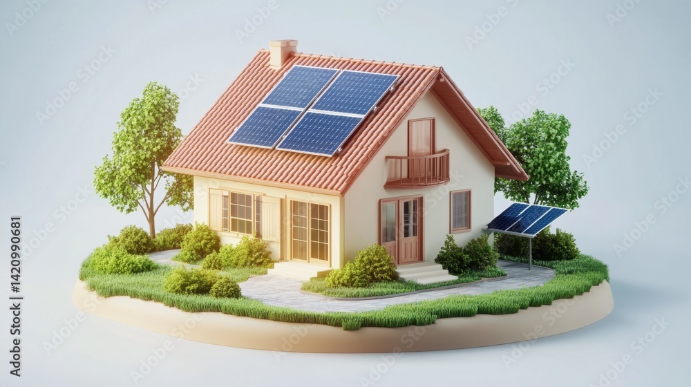 Model of a house with solar panels on the roof and in the yard Model of a house with solar panels on the roof and in the yard