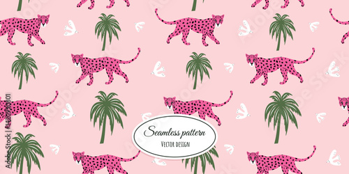 Modern abstract seamless pattern with hand-drawn pink leopard, palm trees and birds. Vector design of bed linen, fabric, wallpaper, wrapping paper and more.