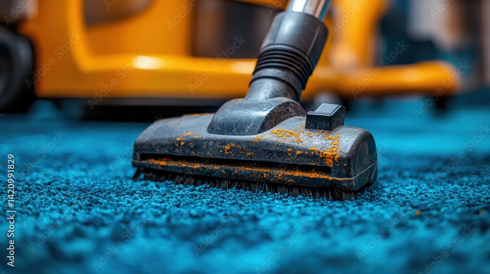 Close-up of a vacuum cleaner nozzle on vibrant blue carpet, showcasing dust removal action indoors Close-up of a vacuum cleaner nozzle on vibrant blue carpet, showcasing dust removal action indoors