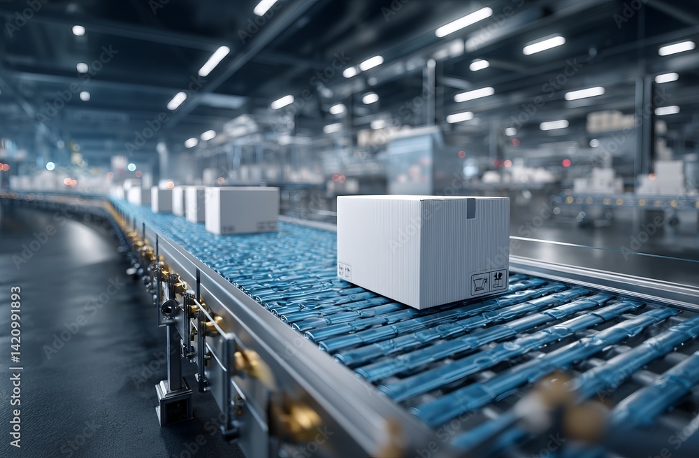 Fototapeta premium Automated Conveyor System Transports Packages Efficiently in Modern Factory Setting