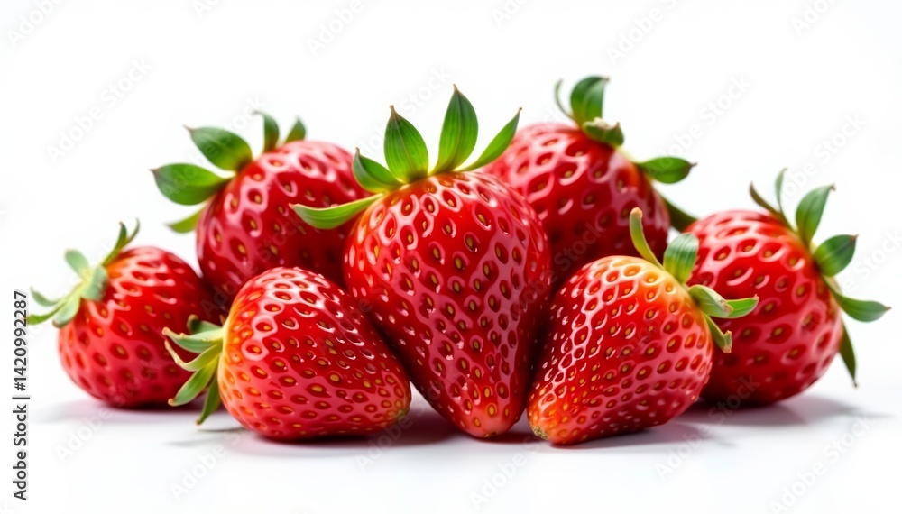 Close-up of fresh strawberries in a group, isolated on white, close-up, vibrant, ripe Close-up of fresh strawberries in a group, isolated on white, close-up, vibrant, ripe