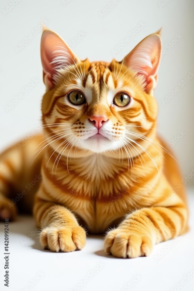 Fototapeta premium Close-up of ginger cat laying gracefully on white background, domestic, cat, cute