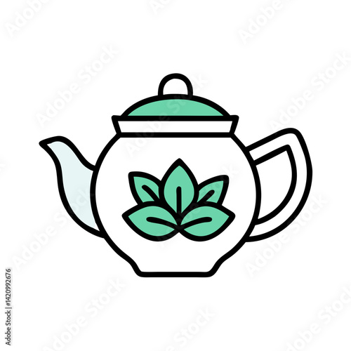 Teapot with Herbal Leaves Icon Representing Medicinal Tea and Natural Healing

