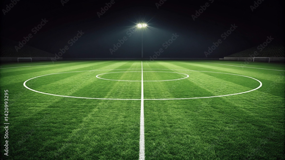 Obraz premium Textured soccer game field with neon fog center, midfield. Glowing stadium lights and misty green grass make it look like a futuristic sports arena full of energy and excitement.