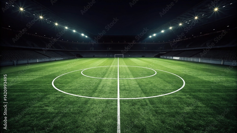 Obraz premium Textured soccer game field with neon fog center, midfield. Glowing stadium lights and misty green grass make it look like a futuristic sports arena full of energy and excitement.