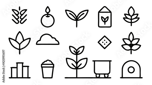 Editable vector set of agriculture line icons perfect for farming, harvesting, rural lifestyle, and agricultural industry themes with clean minimal line art style