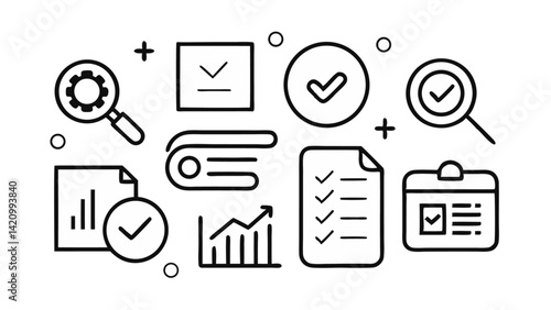 Vector audit line icons set with clean editable illustrations representing accounting, compliance checks, and financial auditing tools for business documentation