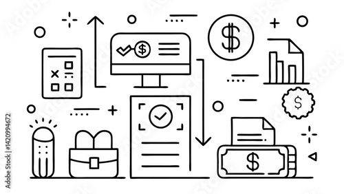 Bill payment editable vector icon set in line style including transaction visuals, mobile payment, and billing symbols for financial apps and banking interfaces