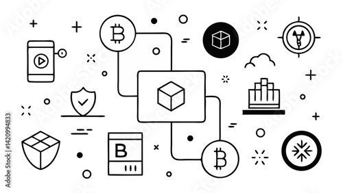 Editable vector line icons set for blockchain with illustrations of decentralized technology, crypto coins, and digital currency transactions for secure finance design