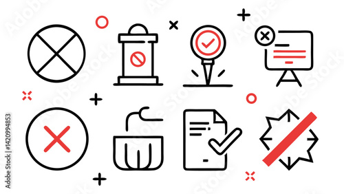 Editable icons for blocked features in line vector style including lock signs, restricted access, and digital control illustrations used in tech and security designs