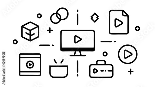 Editable vector broadcast icon set with line illustrations of news, television, and online streaming components for media, journalism, and digital communication