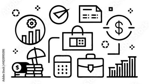 Editable icons for budgeting in line vector style with symbols of money allocation, savings, and cost analysis for financial planning and accounting use cases