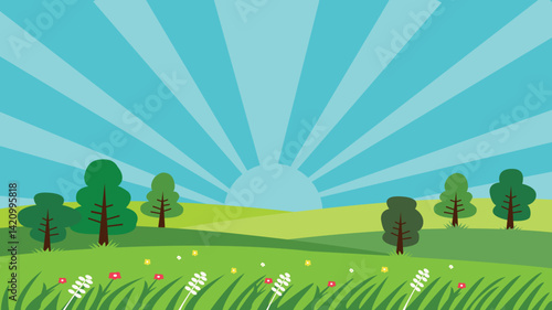 Flat style vector morning — sun rising over a green meadow and hills with a clear sky background