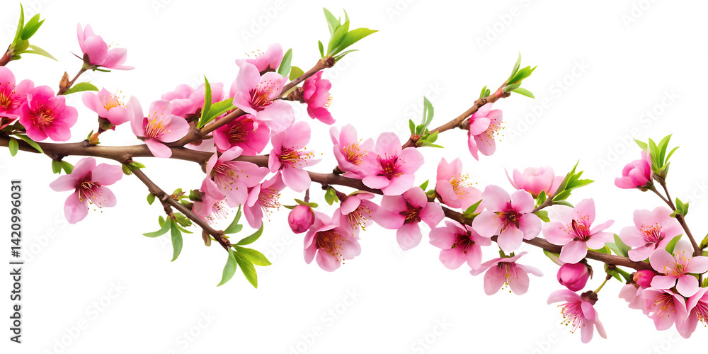 Peach tree branch adorned with pink flowers along the corner border, set on white background Peach tree branch adorned with pink flowers along the corner border, set on white background