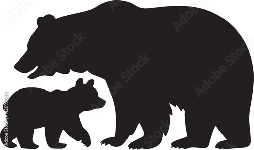 Vector illustration of a silhouetted mother bear and cub