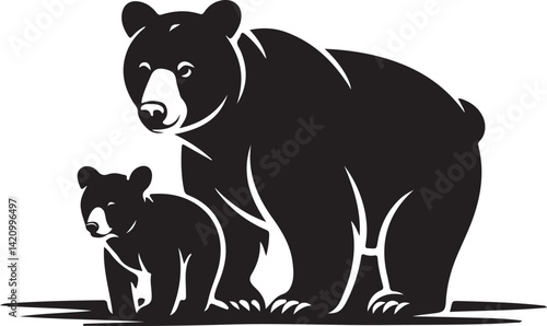 Vector illustration of a silhouetted mother bear and cub