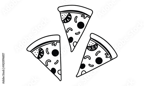 Three slices of pizza illustration in black and white