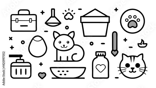 Editable icons set in line style for cat care including pet accessories health tools grooming items suitable for animal clinic apps veterinary websites and pet blogs