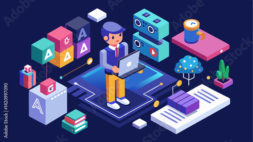 Character using artificial intelligence to generate creative content including text and images suitable for explainer videos digital presentations and tech articles