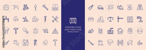 Set of 30 outline icons related to construction. This outline icon set includes helmet, hammer, wrench, crane, repair tools, builder, engineering and more. Editable stroke. Vector illustration