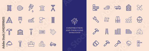 Set of 30 outline icons related to construction. This outline icon set includes helmet, hammer, wrench, crane, repair tools, builder, engineering and more. Editable stroke. Vector illustration