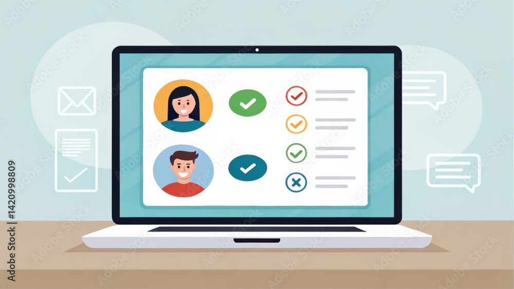open laptop displaying onboarding video call with two characters, one female and one male, showcasing checkmarks and messages. This conveys sense of communication and collaboration digital open laptop displaying onboarding video call with two characters, one female and one male, showcasing checkmarks and messages. This conveys sense of communication and collaboration digital