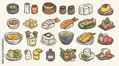 Wallpaper Mural Illustration presents a variety of Japanese cuisine dishes and condiments Torontodigital.ca