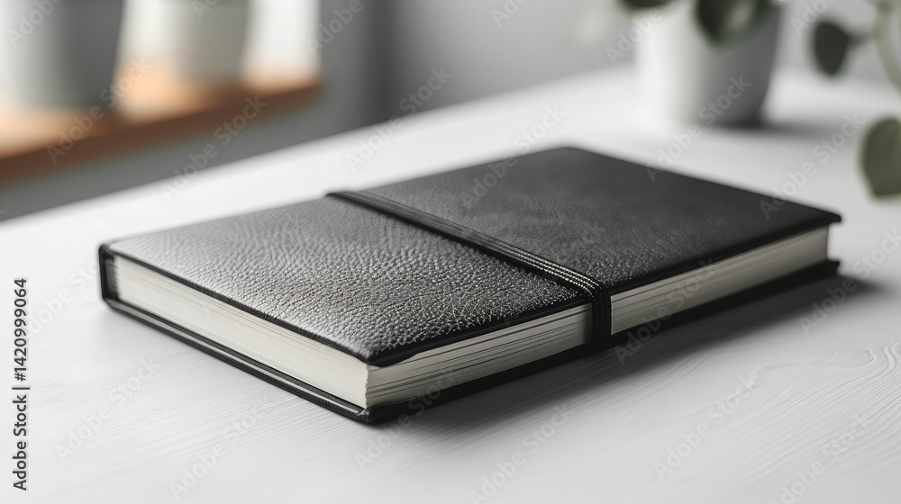 A minimalist journal with elastic strap placed on a spotless white surface A minimalist journal with elastic strap placed on a spotless white surface