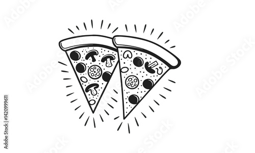Three slices of pizza illustration in black and white