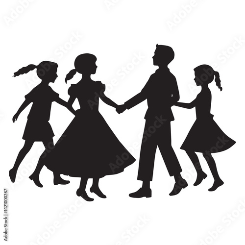 Happy little children boys and girls holding hands and dancing Silhouettes White Background.