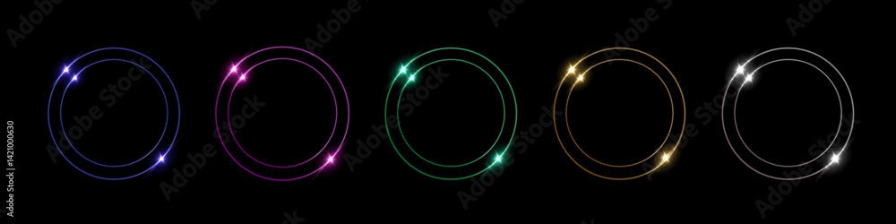 Naklejka premium Color neon light round frames. Futuristic colorful vibrant glowing buttons. Abstract vector illustrations set for UI design, sci-fi elements, modern tech interfaces.