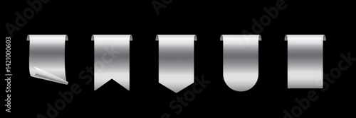 Silver tag set vector icons. Platinum sales promotion banners, labels, ribbons collection for online shopping. 3d realistic web element for promotion, discount, best seller product on black background