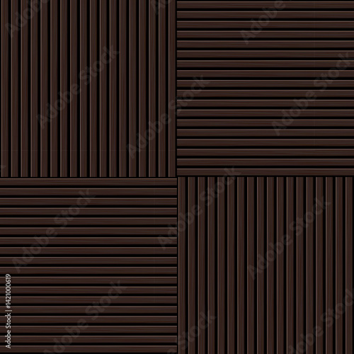 Wooden panel wall background with alternating vertical and horizontal planks. Dark natural wood texture backdrop. Bamboo wall. Decorative parquet surface. Realistic vector illustration.