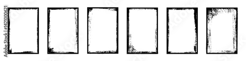 Black frames with worn paper effect on white background. Textured rectangles with old, grunge, grainy, vintage, worn, dust effect. Simple object mockup. Realistic vector illustrations set.